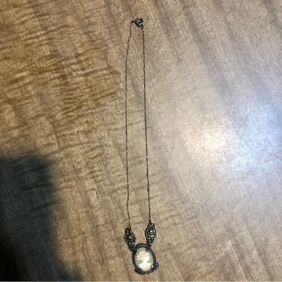 Antique Carved Shell Cameo Necklace, Sterling Silver with Marcasite Accents 💎🖤 - Picture 5 of 9